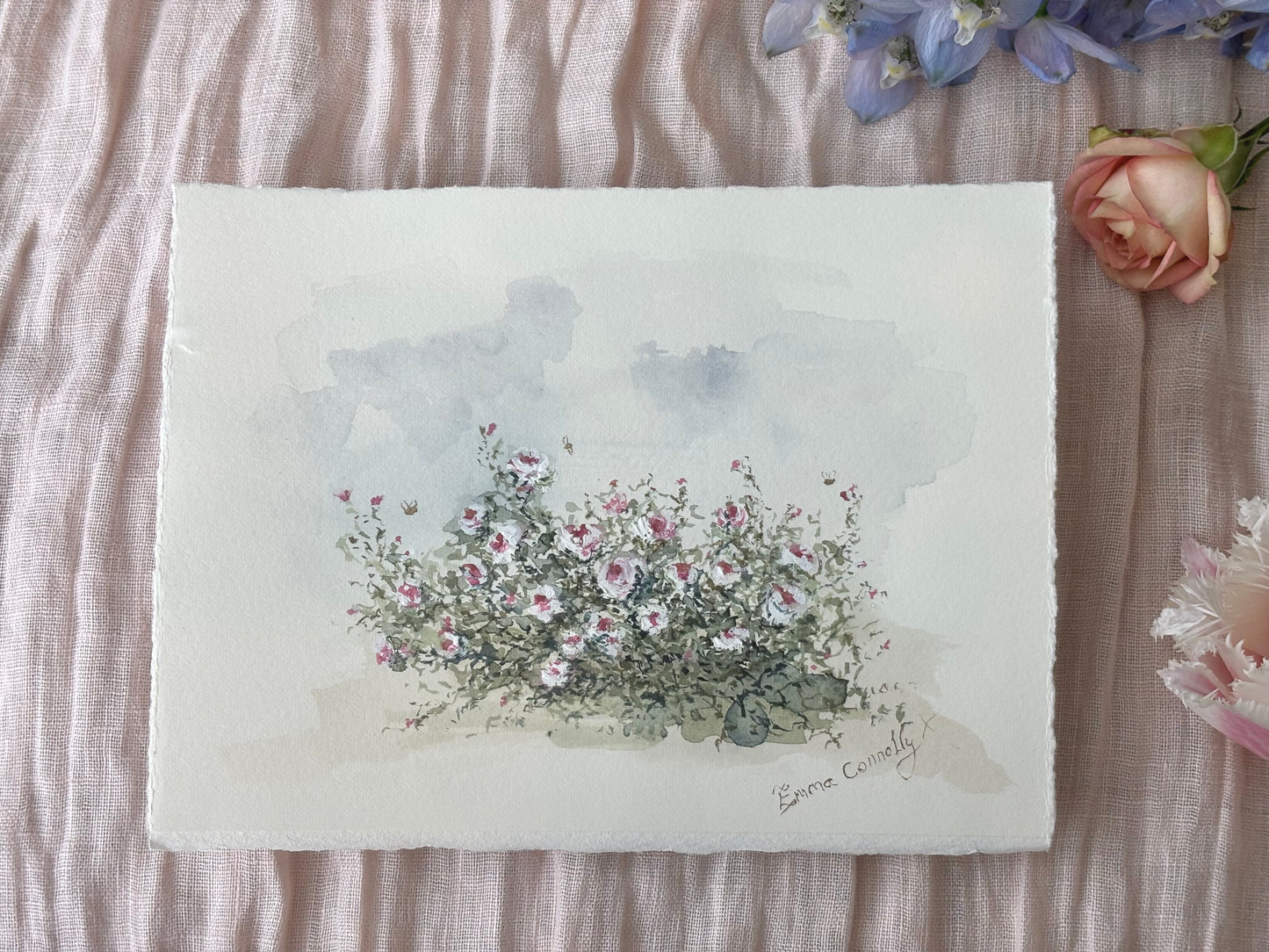 Roses And Gold Bees Watercolour