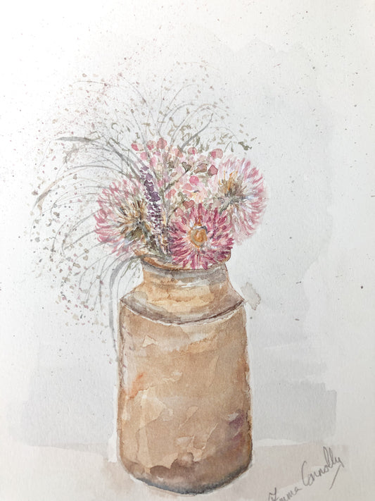 Original Watercolour Everlasting Flowers In Mustard Pot